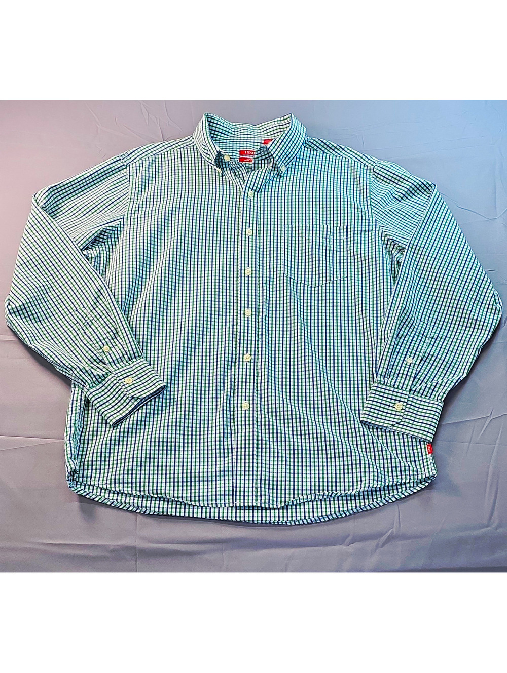 IZOD L Slim Fit Blue Green White Check Woven Cotton Button-Down Shirt